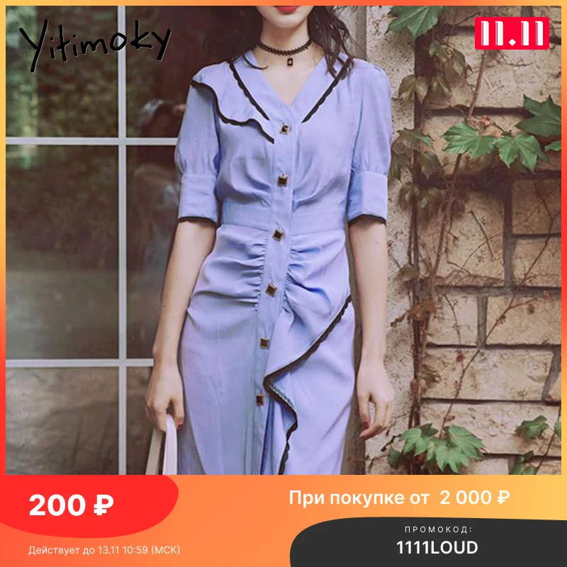 

Женское асимметричное платье Yitimoky, белое однобортное Плиссированное Платье на шнуровке с V-образным вырезом и пышными рукавами, лето 2021