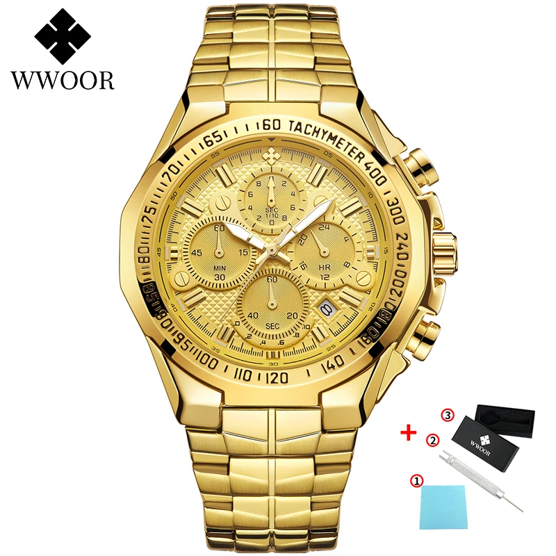 Full Gold Мужские кварцевые часы, мужские, Топ бренд, роскошные WWOOR, золотой хронограф, большой циферблат, повседневные спортивные водонепроницаемые наручные часы - Цвет: Full Gold