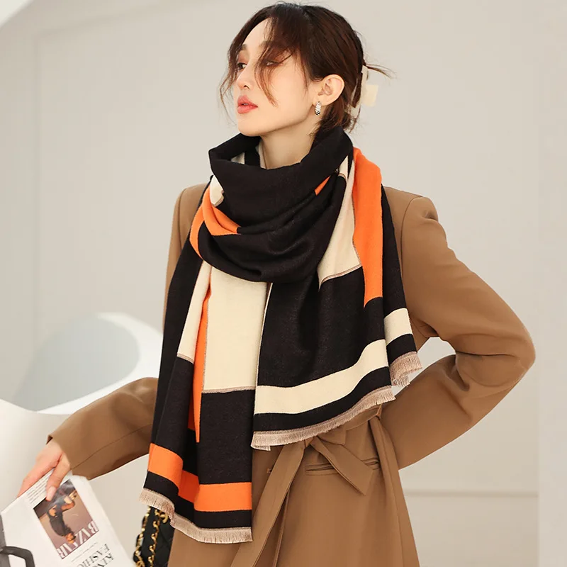 

Осенние модные шарфы 190 х65см, Женская двусторонняя Бандана с принтом, зимние кашемировые толстые шали, популярное пляжное полотенце