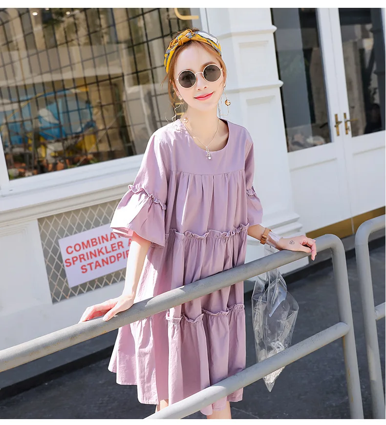 Maternity Summer New Korean Loose Cotton Fungus Round Neck Short Sleeve Mid-length Solid Color Dress | Мать и ребенок