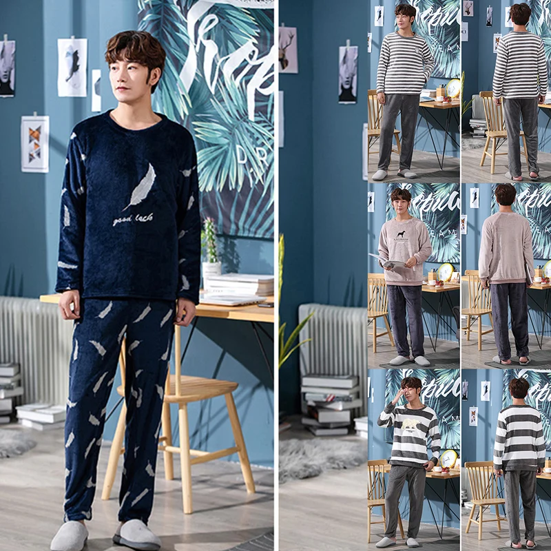 Пижама Мужская теплая Фланелевая Зимняя Толстая Повседневная зимняя пижама с