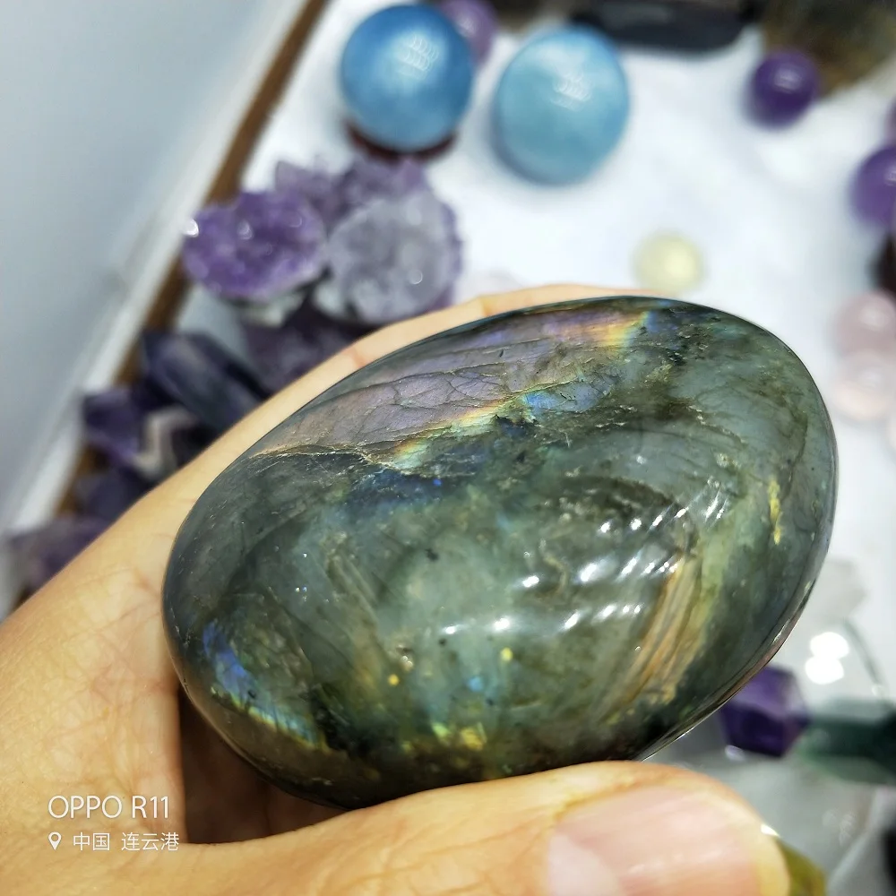 

Purple &Golden Labradorite Natural Moonstone Intense Flash Reiki Healing Crystal Pendant Palm Stone