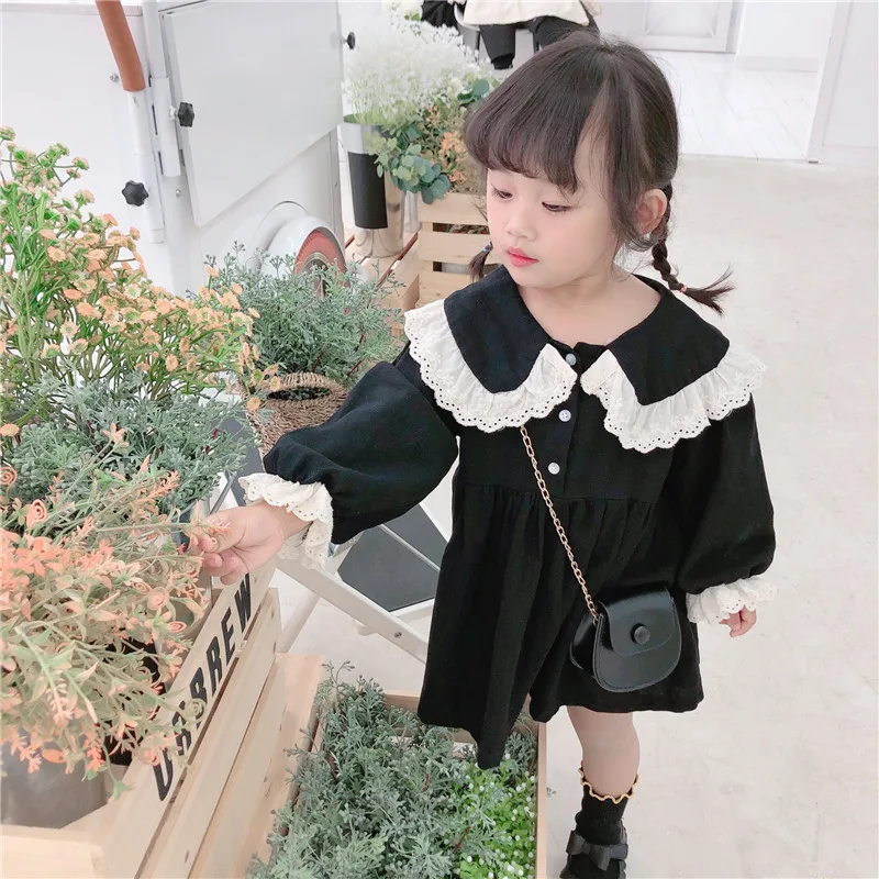 Spring Autumn 2020 cute baby girls lace turn-down collar princess dresses pure cotton soft 2 colors casual dress for kids