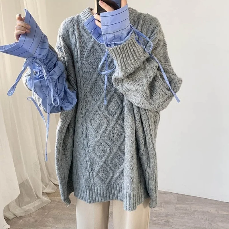 

Женские вязаные пуловеры, свитер, осенне-зимняя рубашка оверсайз с длинным рукавом, свитеры в стиле пэчворк, женский топ 2022, X185