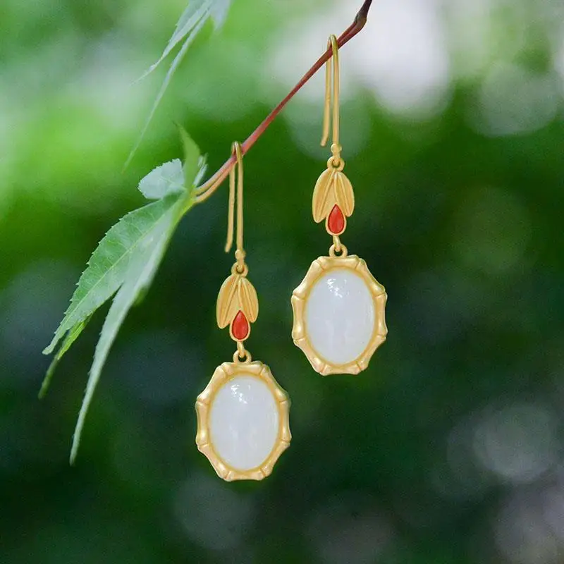 

Bamboo ''Natural Hetian Jade White Jade Bamboo Earrings S925 Sterling Silver Jade Eardrops Classical Earrings Gift