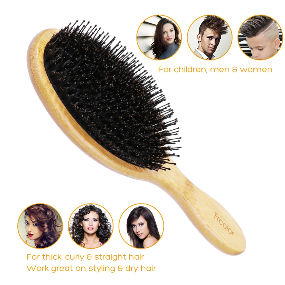 

Frcolor Boar Hair Brush Set Natural Wooden Bamboo Handle Anti-static Comb for Styling Straightening Detangling