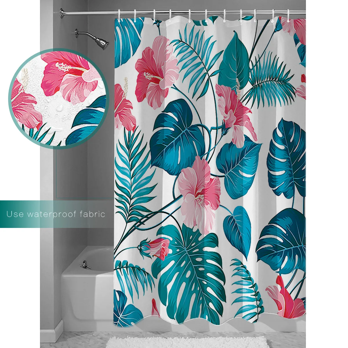 Red Flowers With Large Leaves Seamless Pattern Hook Shower Curtain for Bathroom Decoration | Дом и сад