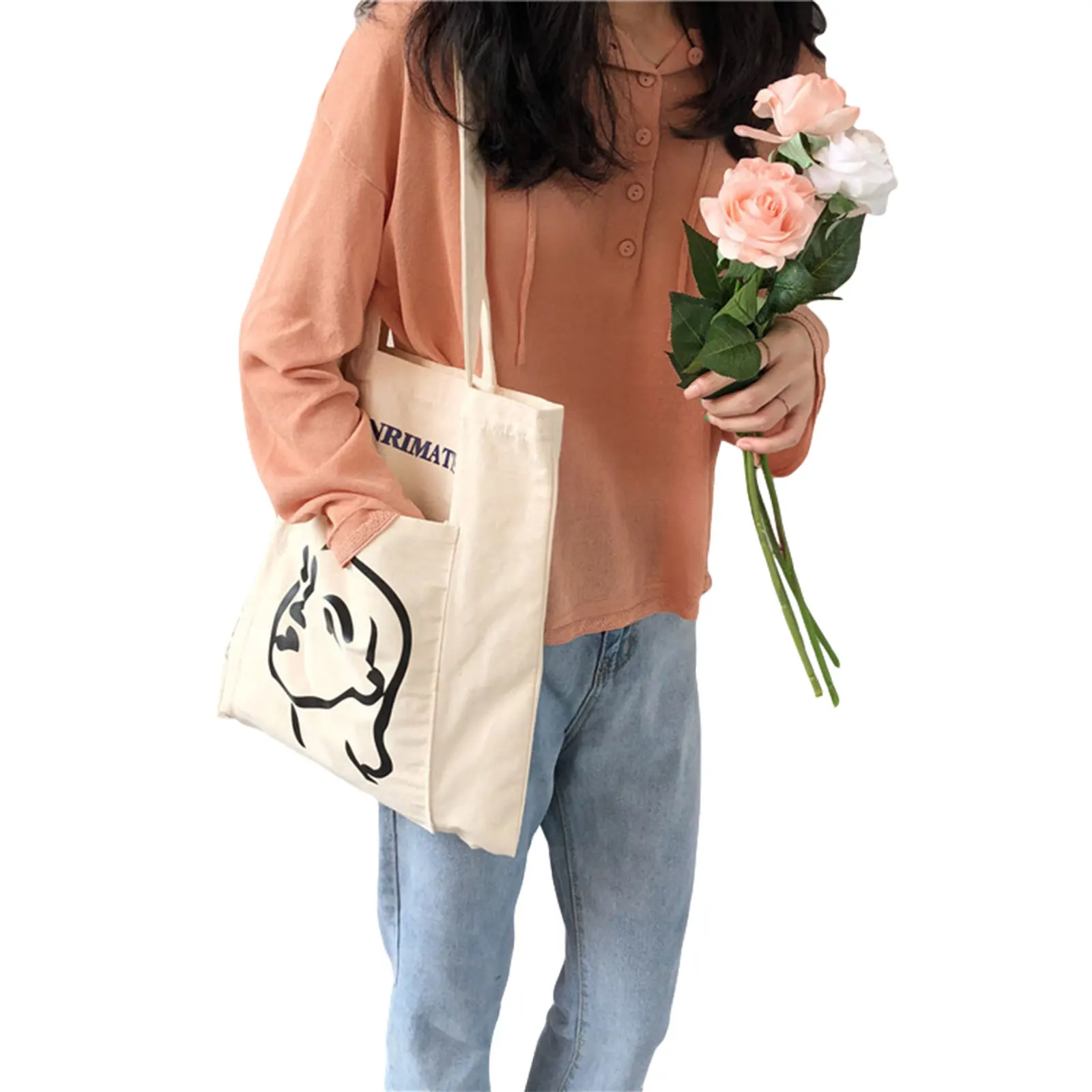 

Women Fashion Casual Shoulder Bag Adults Letter Female Head Print Open/Zippered Canvas Handbag (White)