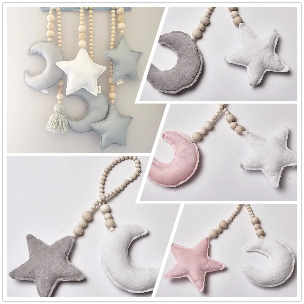 Nordic Wind Moon Pentagram Wooden Beads Charm Children's Room Crib Props Tassel Pendant Home Ornaments pendant supplies#gh | Дом и сад