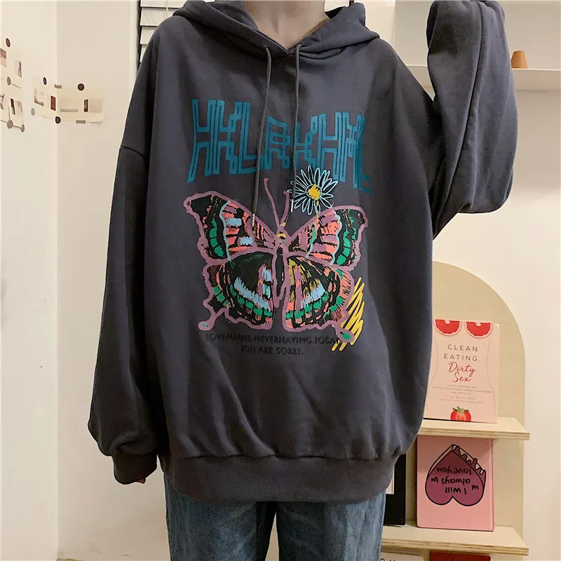 

Butterfly Letter Print Cotton Oversized Sweatshirt Women Hoodie 2020 Autumn New Long Sleeve Kawaii Teens Pullovers Japan Style