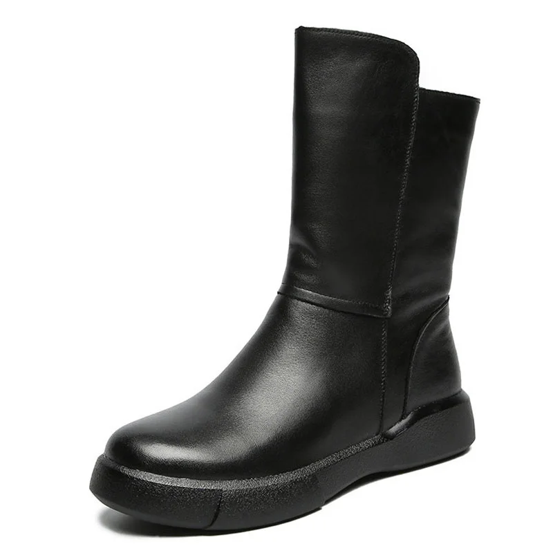 

Женские теплые ботинки ручной работы, ботинки до середины икры из коровьей кожи, на плоской нескользящей подошве, с боковой молнией, удобные...