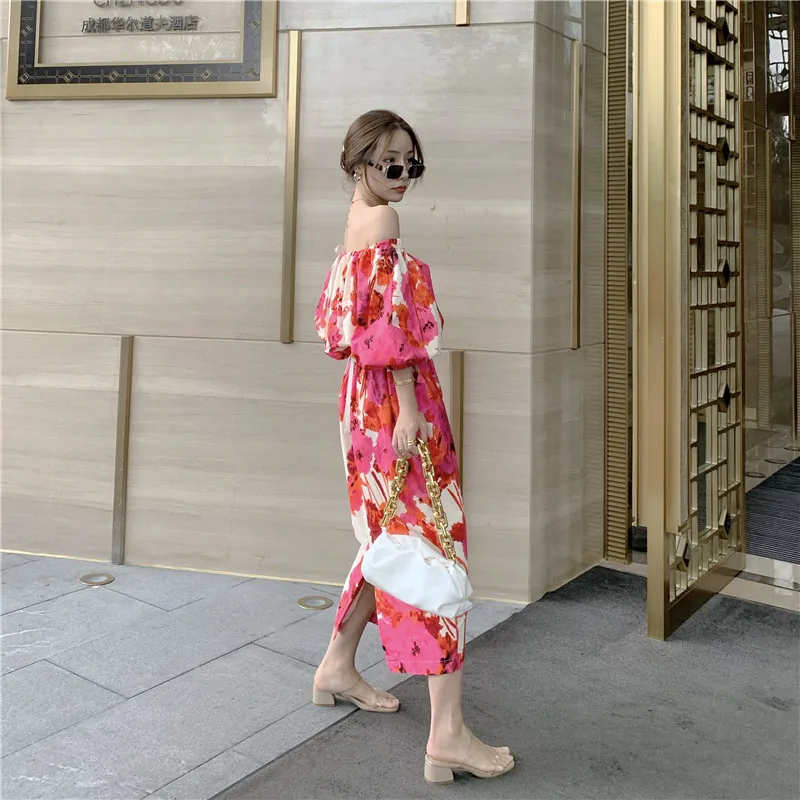 

Travel Vacation Photo Beach Skirt French Elegant Temperament One-shoulder Puff Sleeve Tie-dye Print Dress