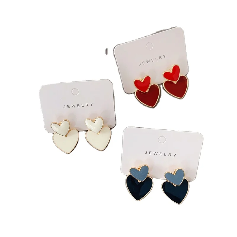 

Hobbyworker Valentine's Day Dainty Simple Double Layer Enamel Heart Shape Charm Stud Earrings for Girls Jewelry XQ07331