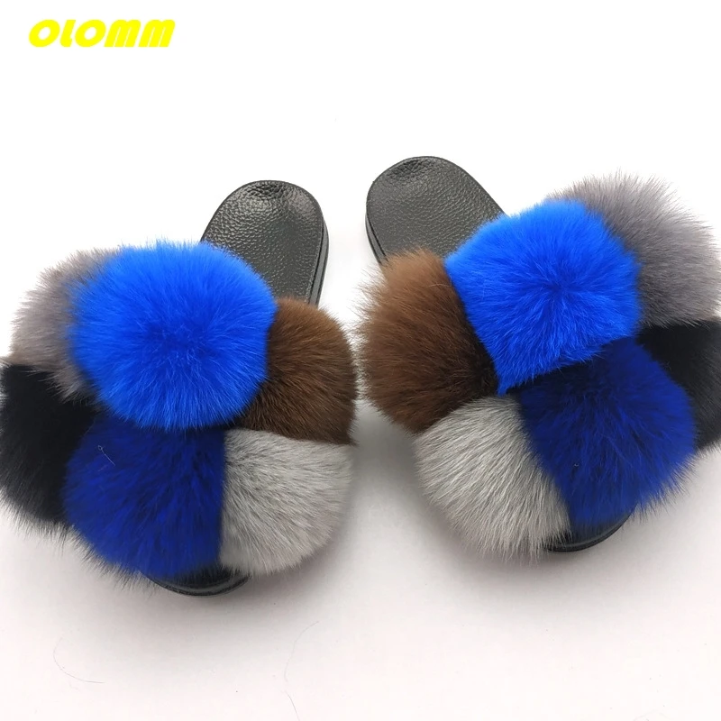 

Wholesale Women Real Fox Fur Slides Home fluffy Flat Sandals Female Cute Fluffy House Shoes Woman raccoon fur slides