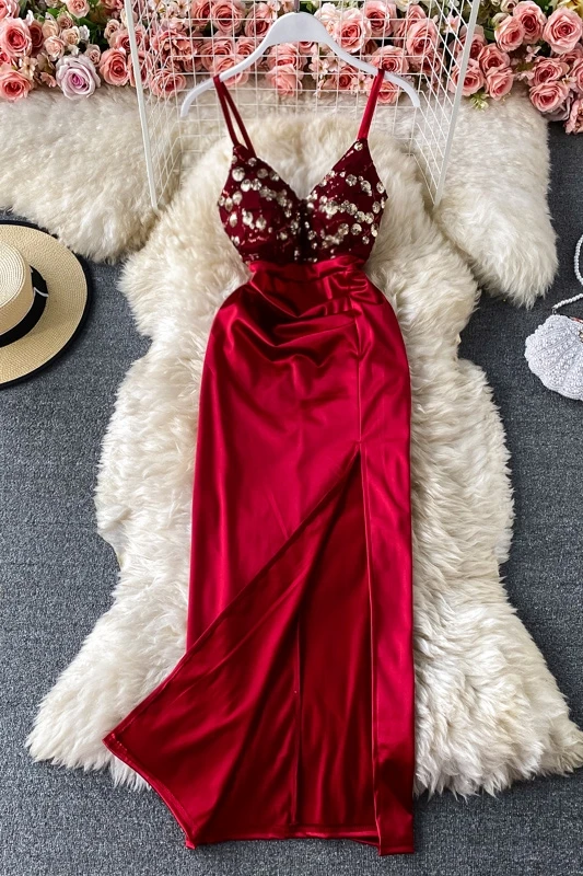 

Women's sexy V-neck sequins decorative spaghetti strap Maxi Dress summer fashion long ever dresses side slit leg dress Robes