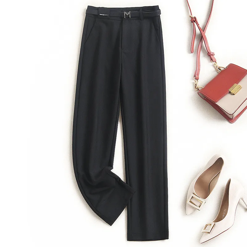 High Quality Elegant Fashion Women Spring 2021 New Solid Straight Ankle Length Pants Office Lady Casual Trousers with Belt