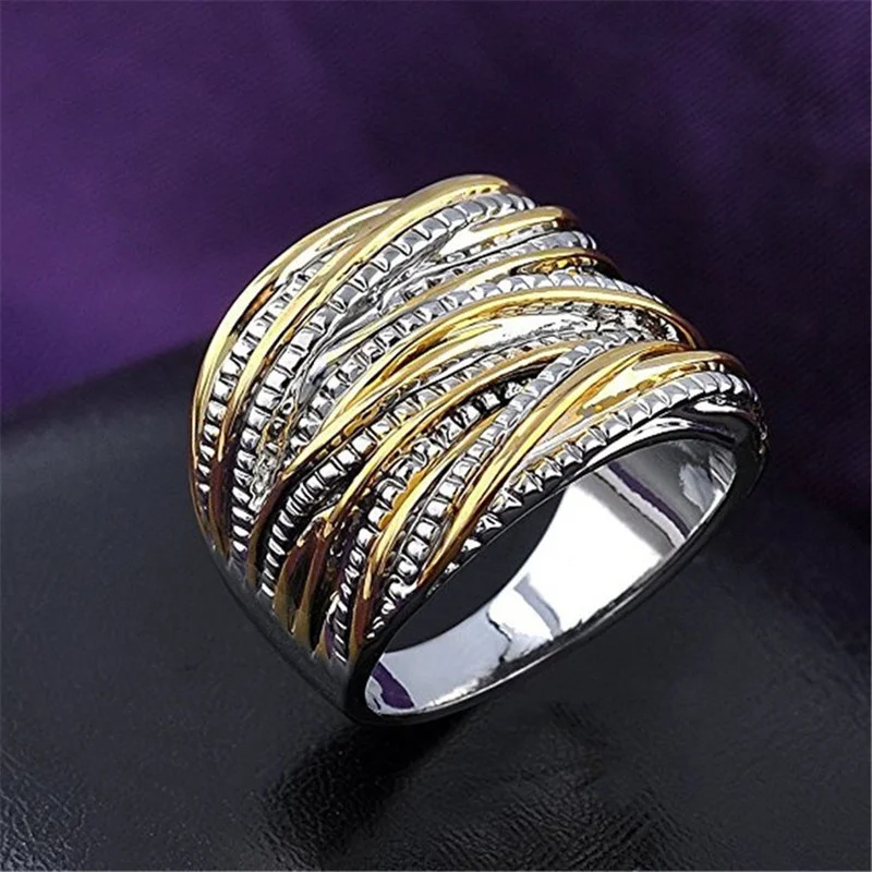 

Hot Sale Micro Inlaid Zircon Winding Multilayer Gold Color Geometric Irregular Two-tone Ring for Women Party Jewelry Accessories