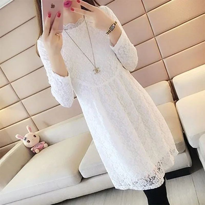 Осенне зимнее плотное кружевное платье на флисовой подкладке в Корейском стиле