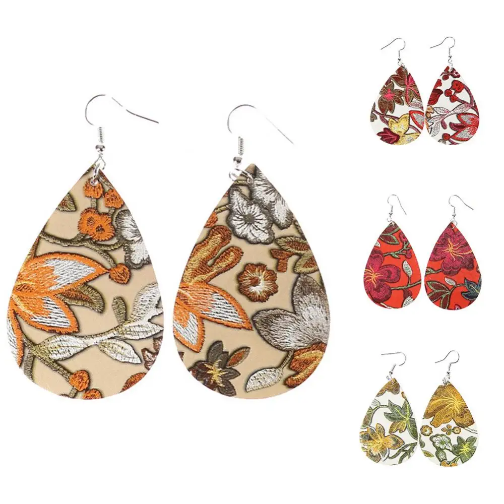 

Water Drop Dangle Embroidery Faux Leather Hook Earrings Women Banquet Jewelry