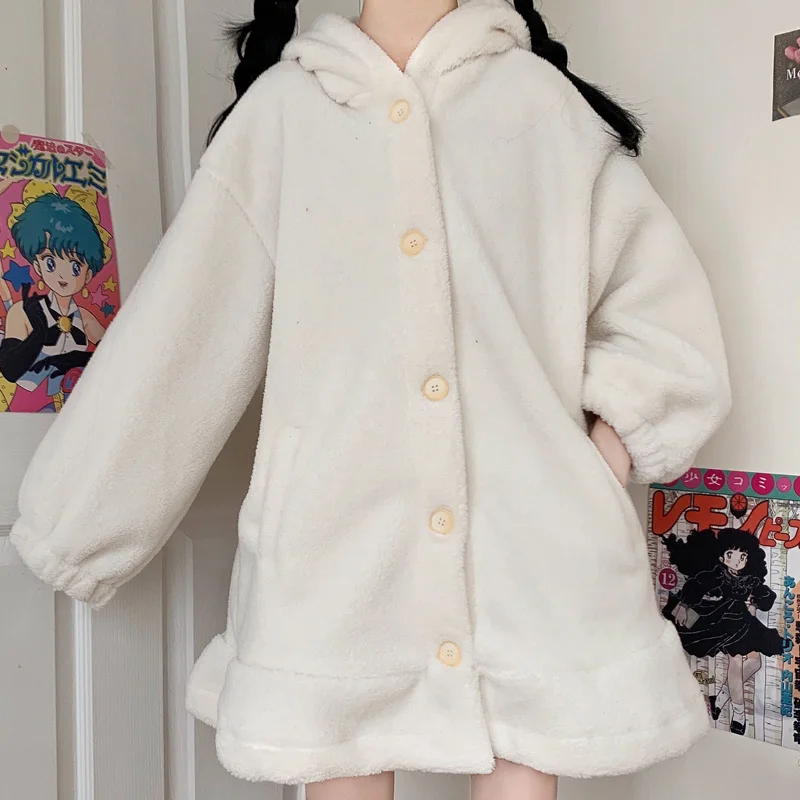 Japanese Kawaii Rabbit Ears Hooded Lambswool Coat For Women  Winter Full Sleeve Cute Single-Breasted Soft Girl Lolita Outweare