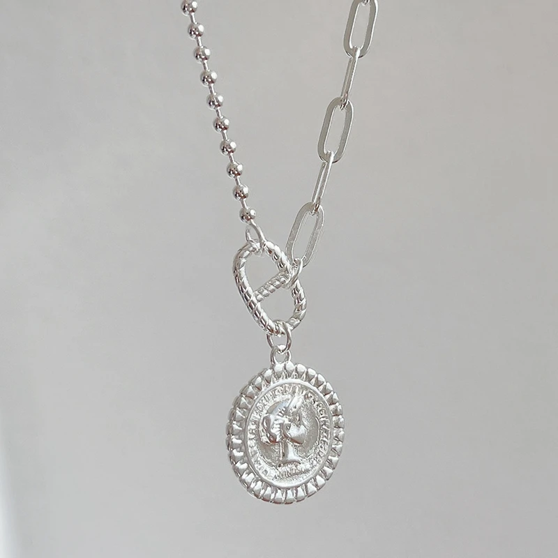 Silvology 925 Sterling Silver Figure Pendant Necklace for Women Asymmetry Wide Bead Chain Avatar Necklace 2021 Trendy Jewelry