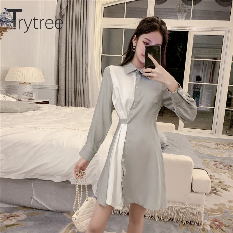 Осеннее женское Повседневное платье Trytree 2 цвета однобортное лоскутное мини