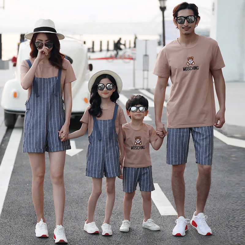 Summer 2020 Family Matching Striped Clothes Mum Mama Mom and Baby Girls Dress Overalls Jumpsuits for Boys Father Son Outfits | Мать и