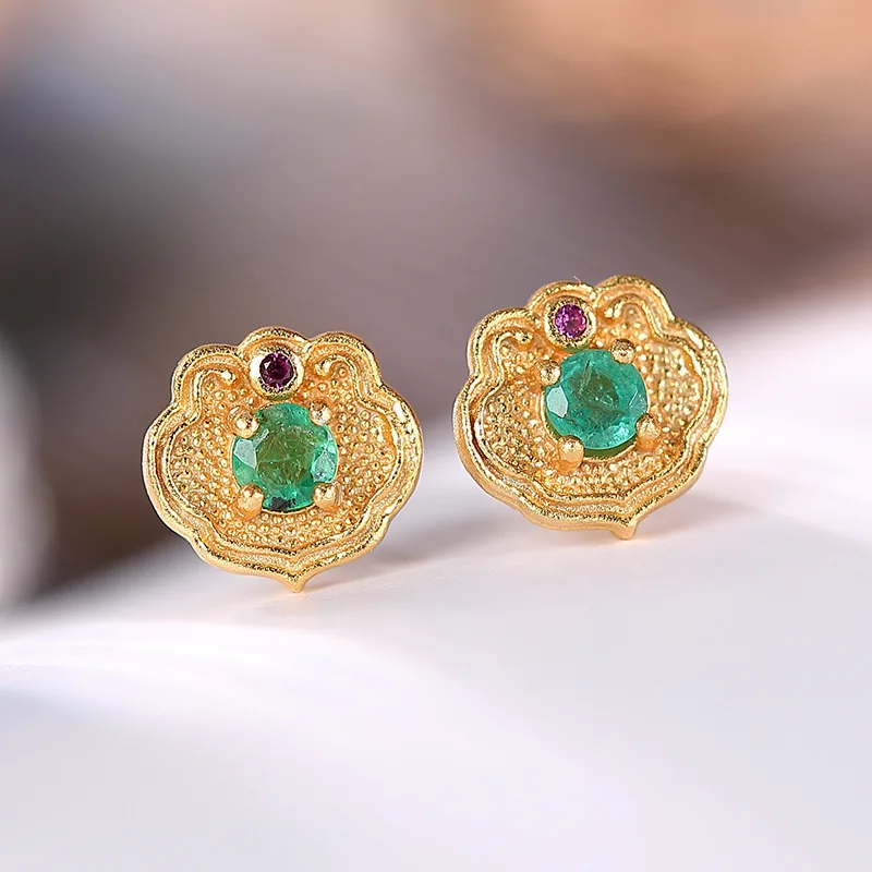

Vintage S925 Silver Natural Emerald Stud Earrings for Women Fine Jewelry Personality Plated Gold Ruyi Female Earrings Birthday
