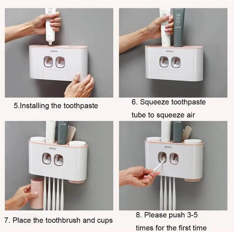 

Automatic Dual Toothpaste Squeezer Dispenser Toothbrush Holder Wall Mounted with 4 Cups Bathroom Accessories