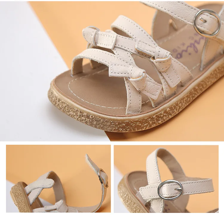 

Genuine Leather Kids Girl Sandals Cute Butterfly-knot Princess Flats Shoes Retro Casual Rome Shoes Breathable 2021 Summer