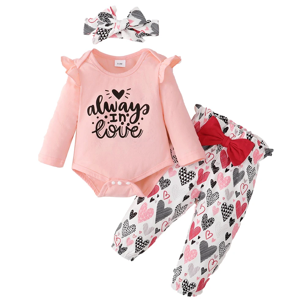 

Baby Girls Romper Sets Round Neck Pullover Letter Print Knit Girls Spring/Autumn Long Sleeve 3 Piece Cotton Casual Floral Pants