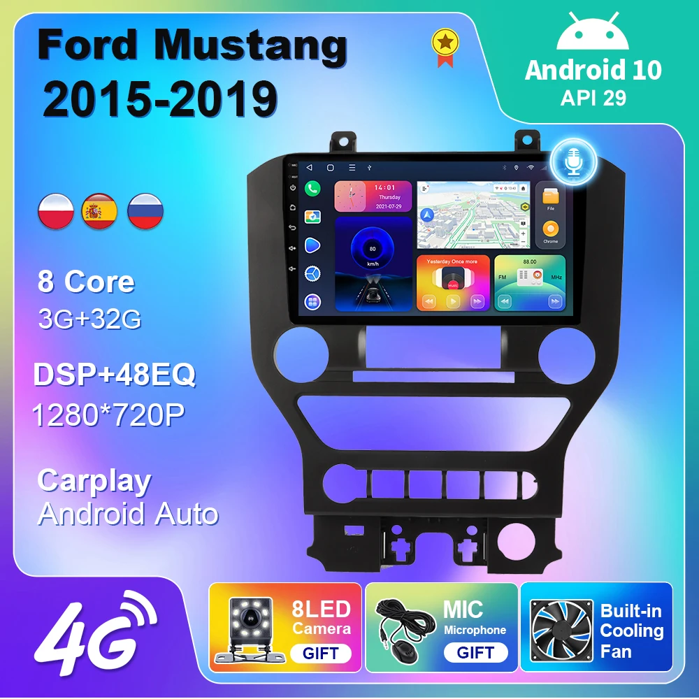 

Автомагнитола, 9 дюймов, Android 10, для Ford Mustang 2015-2019, 2 din, GPS-навигация, 4G, Wi-Fi, BT, Carplay, стерео, без DVD-плеера