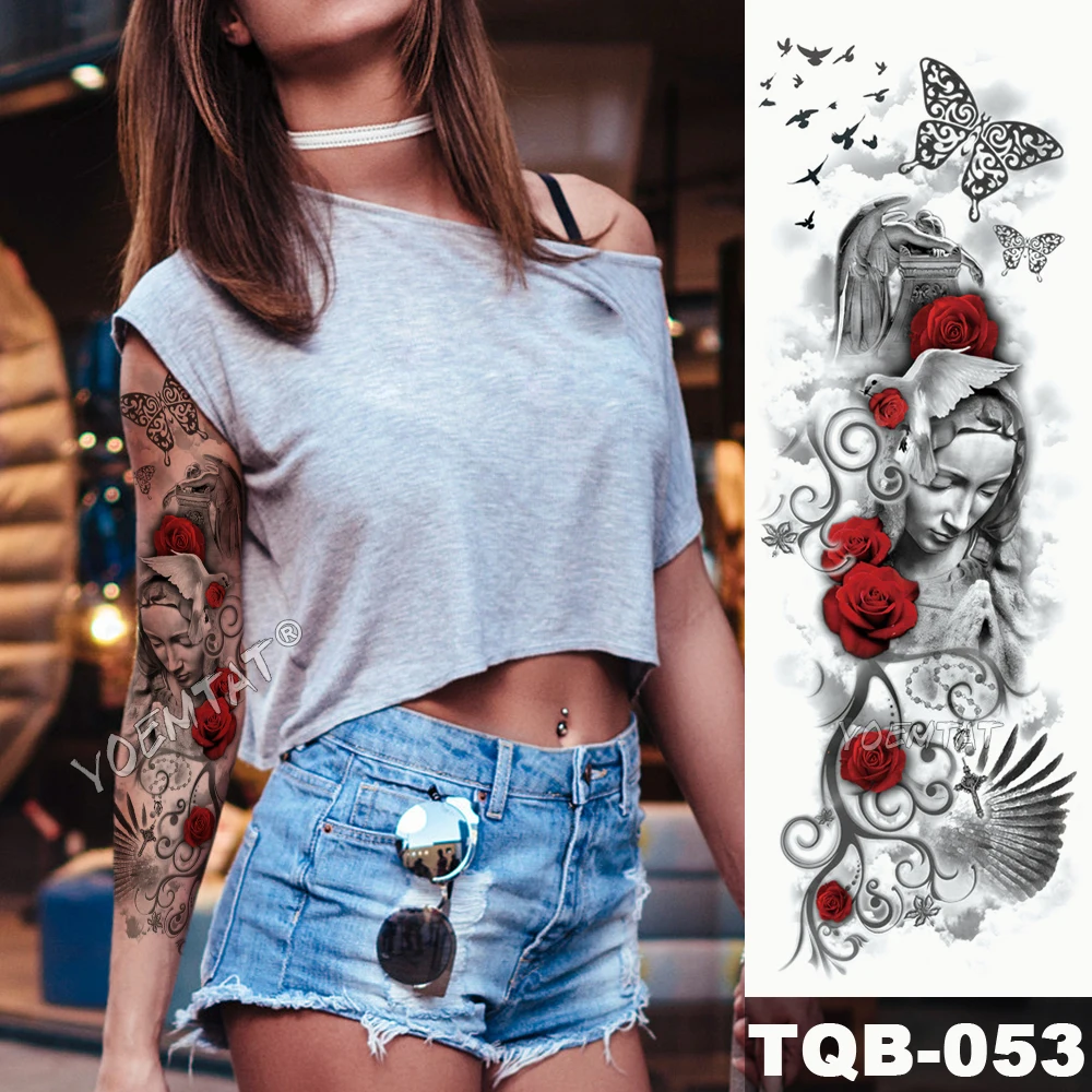 Large Arm Sleeve Tattoo Pink Cyan Eyes Angel Waterproof Temporary Sticker Rose Wings Sun Men Full Skull Tatoo Women | Красота и