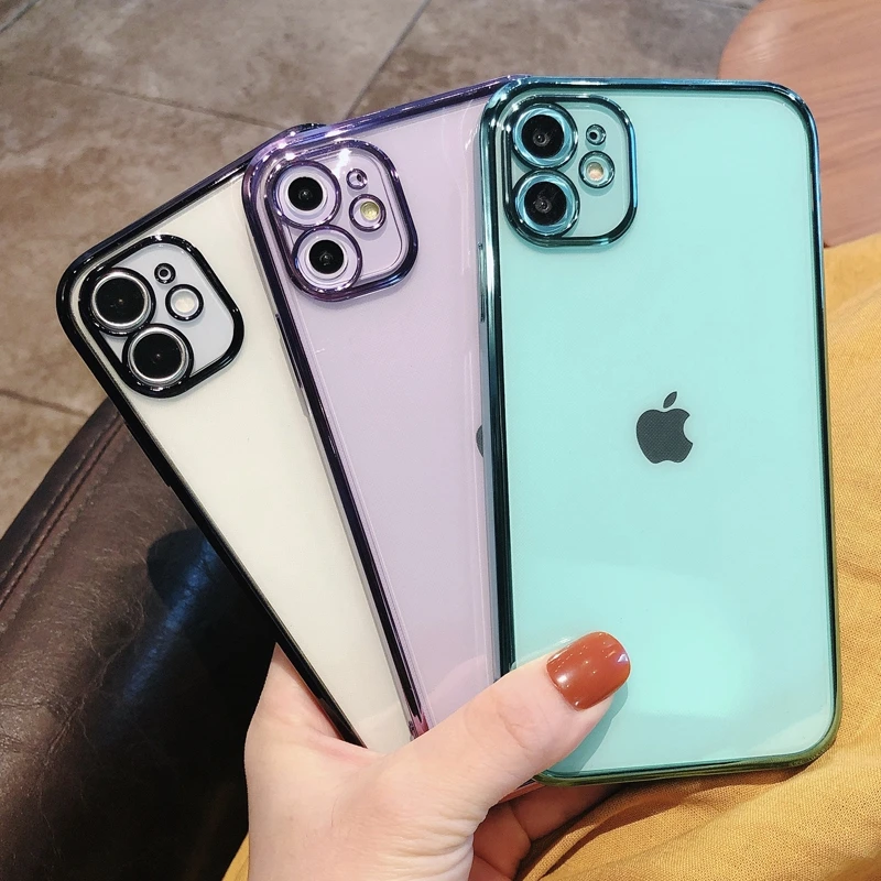 

Soft Square Transparent Silicone Phone Case For iPhone 11 12 mini Pro Max XS Max X 10 XR 7 8 Plus SE20 Electroplated Cover Funda