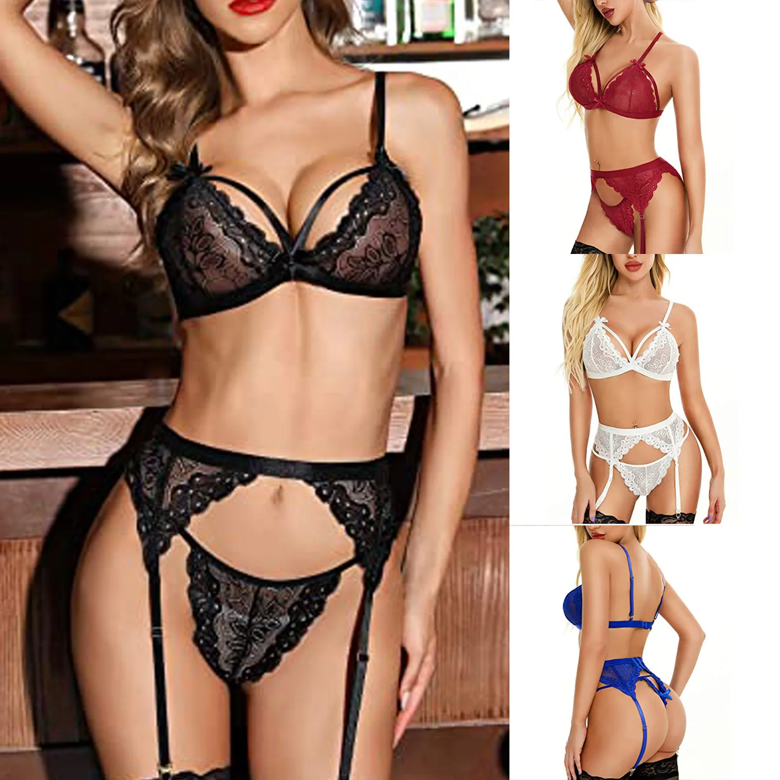 

Hot 3pcs Women Sexy Lingerie Temptation Lace Cross Sling Mesh Lace Backless Lingerie Fashion Garter Belt Underwear Set Female