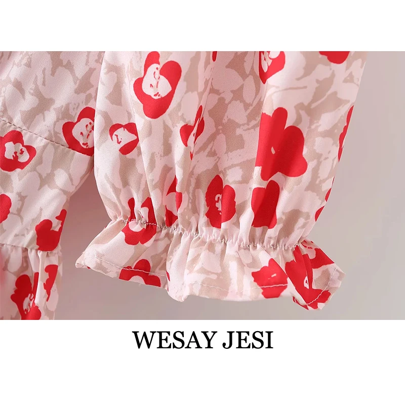 

WESAY JESI Women's Clothing TRAF Dresses Elegant V-neck Dress Half Sleeve Fashion Summer Chic Elastic Waist Flower Printed Dress