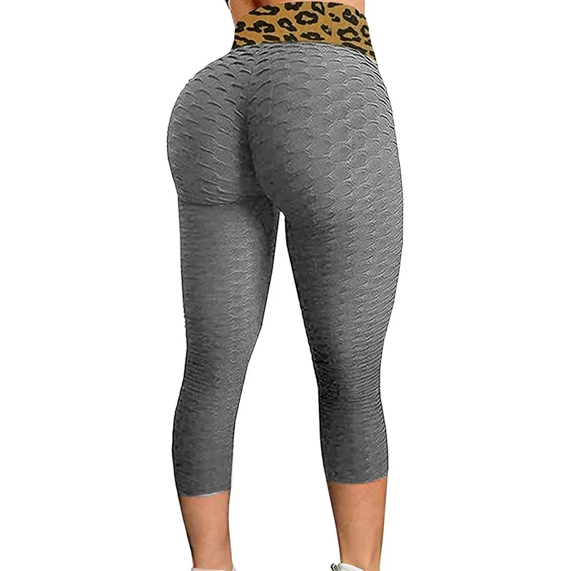 

2021 Pants leopard stitching printed cropped leggings high waist peach hip bubble yoga pants female summer slim korean leggins