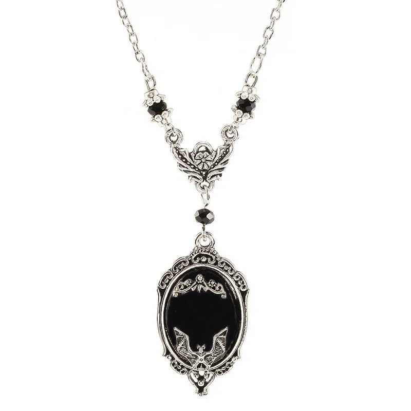 

Gothic Vampire Bat Sweater Necklace Framed Bat Cameo Necklaces For Women Halloween Witch Crystal Necklace Gift for Bat Lover