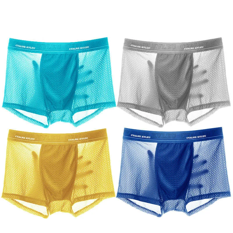 4PMen Ice Silk Underwear Transparent Boxer Breathable Solid Color Ultra Thin Transparent Quick Drying Sexy Silk Boxer Men L-4XL