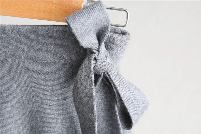 Однотонная Осенняя женская короткая вязаная юбка с поясом элегантная подходящая