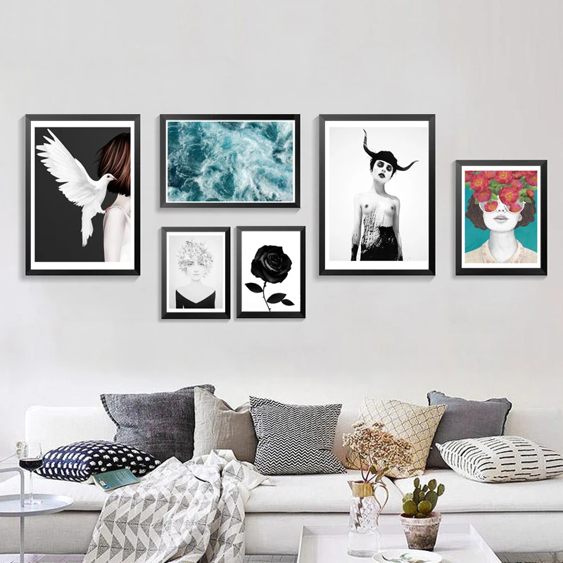 Настенный постер и печать чёрная белая роза Картина на холсте голубь девушка