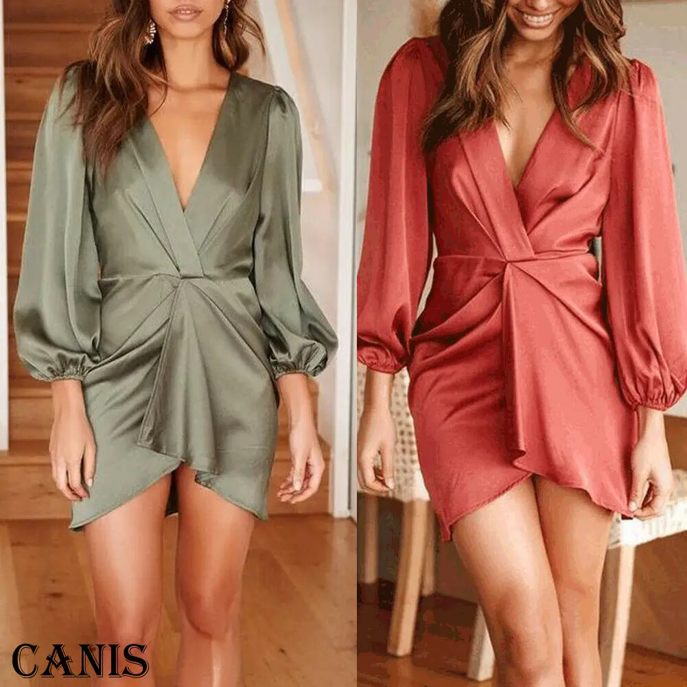 

2019 Autumn Women Lantern Sleeve Plain Dress Business Casual Slim Mini Dress Solid Office Lady V-Neck Backless Plain Dress