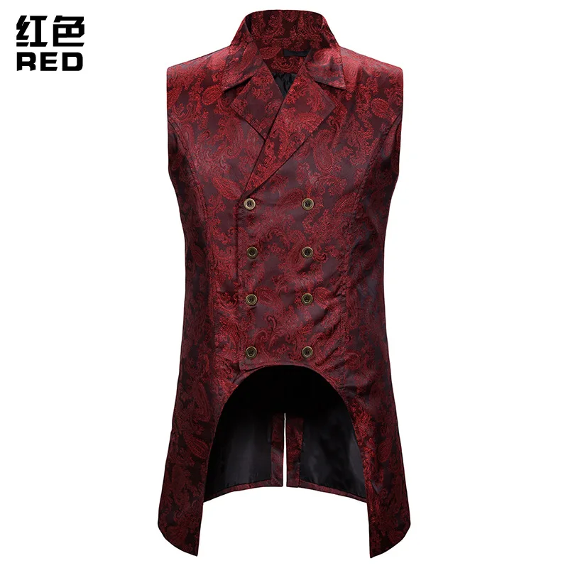 Wine Red Paisley Jacquard Long Vest Men Double Breasted Lapel Brocade Waistcoat Mens Gothic Steampunk Sleeveless Tailcoat | Тематическая