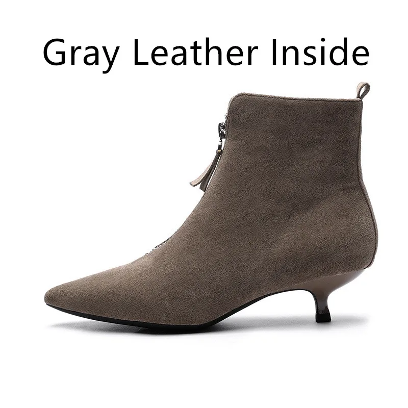 Gray Leather 1 Черные зимние ботинки; коллекция года; женская обувь; женские ботильоны на молнии; ботильоны для женщин из флока на высоком каблуке с острым носком; Mujer - Цвет: Gray Leather 1