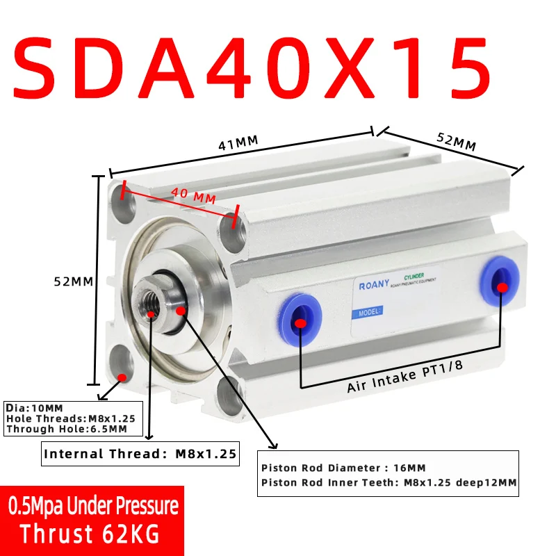 

Пневматический поршневой цилиндр SDA40 двойного действия, с отверстием 40 мм, ход 5/10/20/25/30/40/50/100 мм
