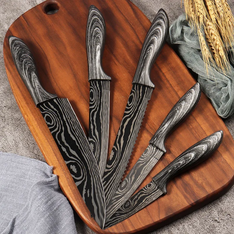 

5piece Kitchen Knife Set Marble Titanium Plated Stainless Steel Kitchen Knife Set, Chefs Kitchen Knife Set,Damascus Style