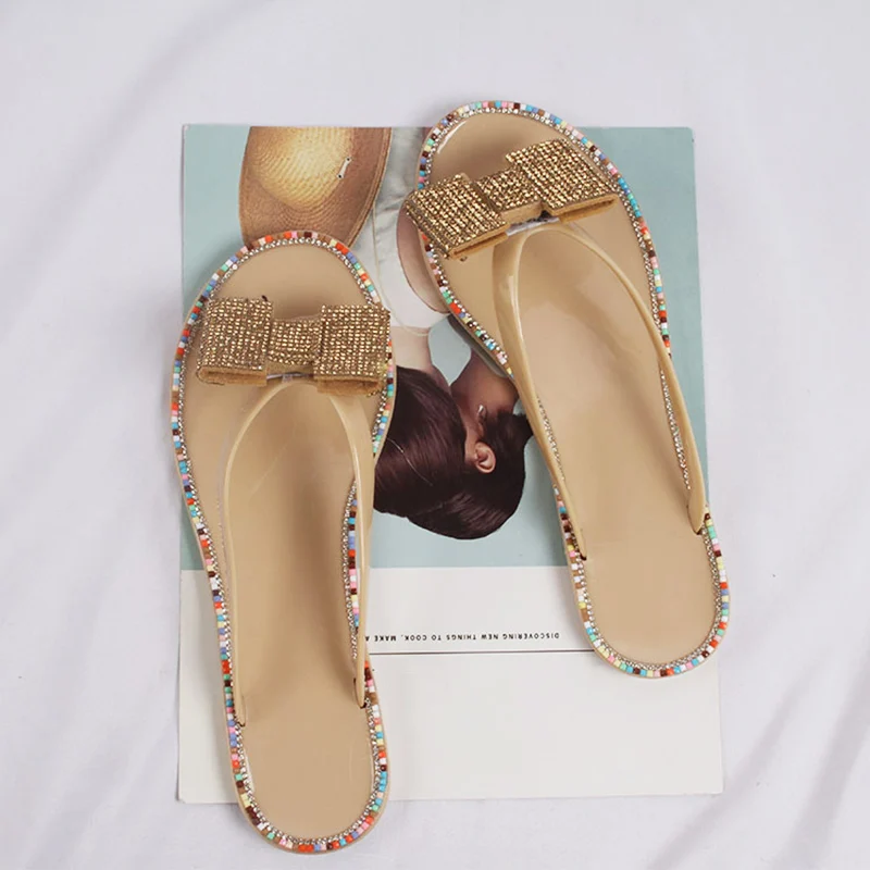 Women Slippers Bowknot Woman Flat Clip Toe Crystal Female Slides Flip Flops Outdoor Sandals Ladies Beach Shoes Summer 2020 | Обувь