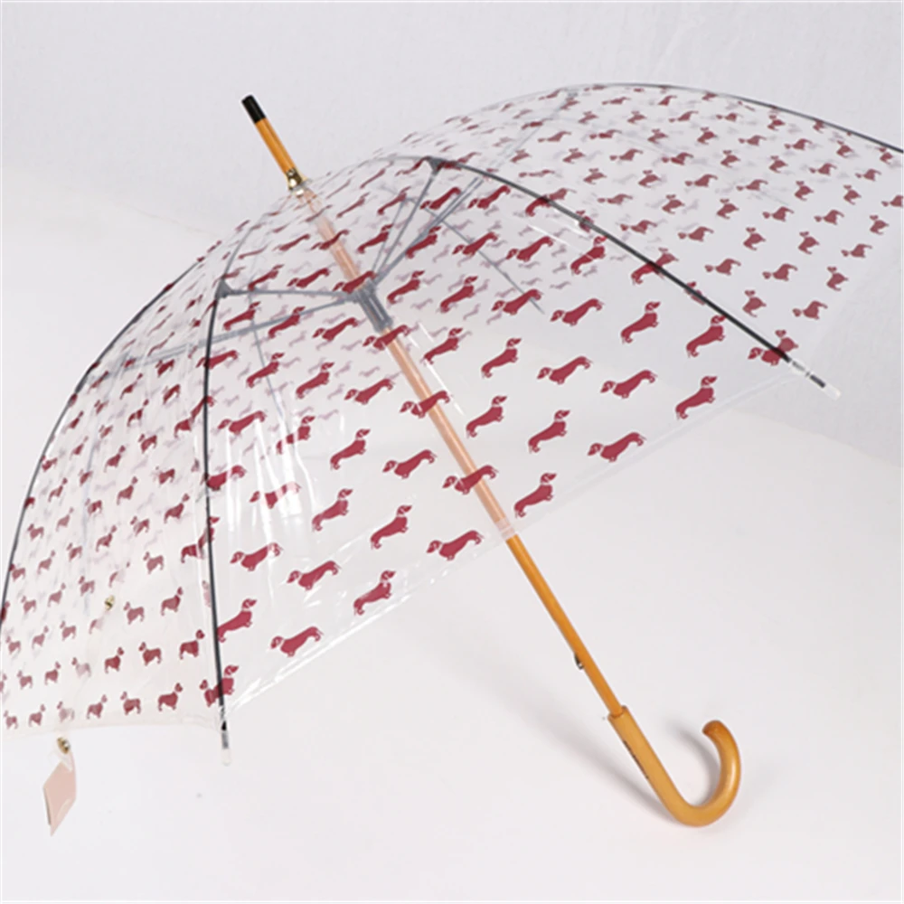 SHOWERSMILE Transparent Umbrella Rain Women Wooden Handle Parasol Dog Print Fashion Ladies Hanging Brand Adult Guarda Chuva - Цвет: red