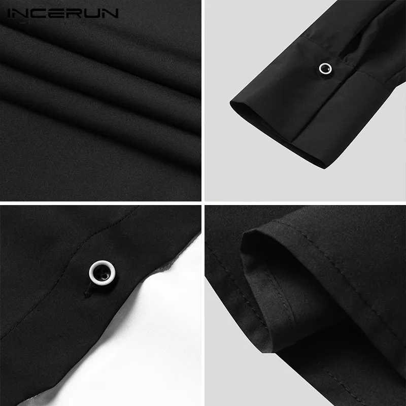 

INCERUN Men Shirts Patchwork Chic Long Sleeve Lapel Camisa Fashion Buttons White Black Stitching Blouse Man Loose Shirts 5XL 7