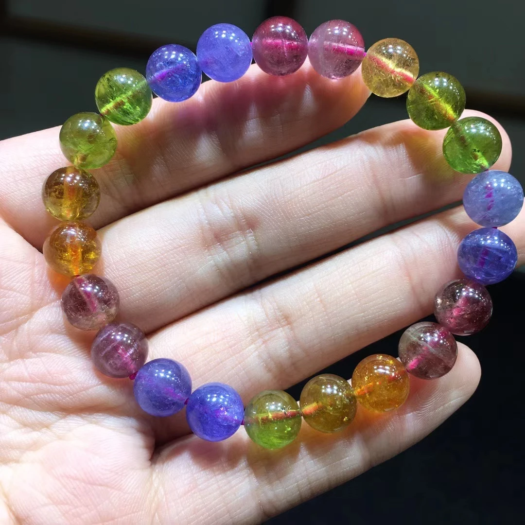 

Natural Colorful Tourmaline Quartz Blue Tanzanite Crystal Bracelet 8.8mm Clear Round Beads Women Men Rainbow Jewelry AAAAAA